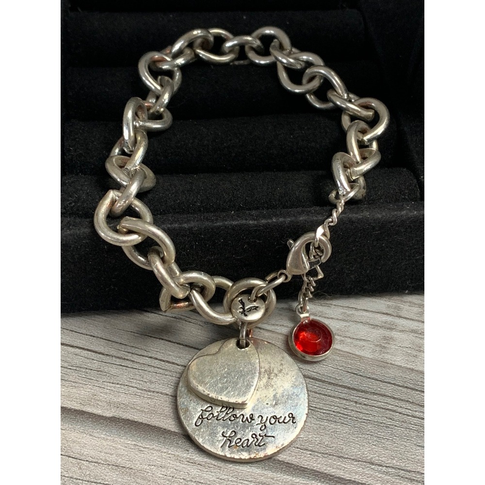 American Eagle Follow Your Heart Charm Bracelet Silver Tone Red Rhinestone 7in